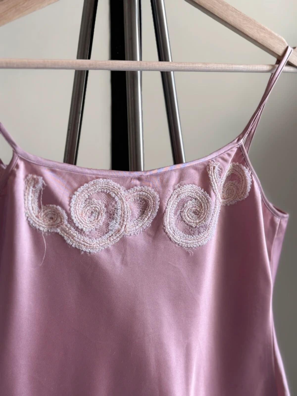 Y2K Silk Cropped Cami Top Pink Lace Embroidery Medium
