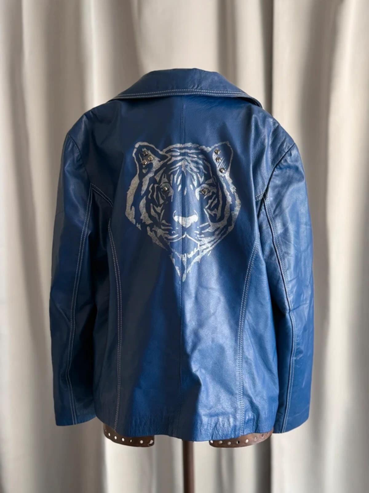 Y2K Blue Leather Jacket 2XL Tiger Back Graphic Y2K Statement Coat