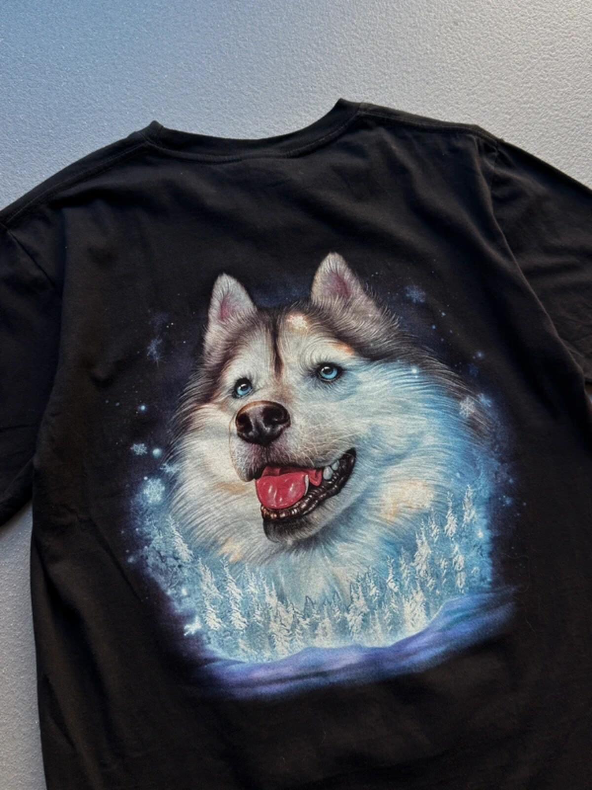 Vintage Wolf Husky Print T Shirt Large