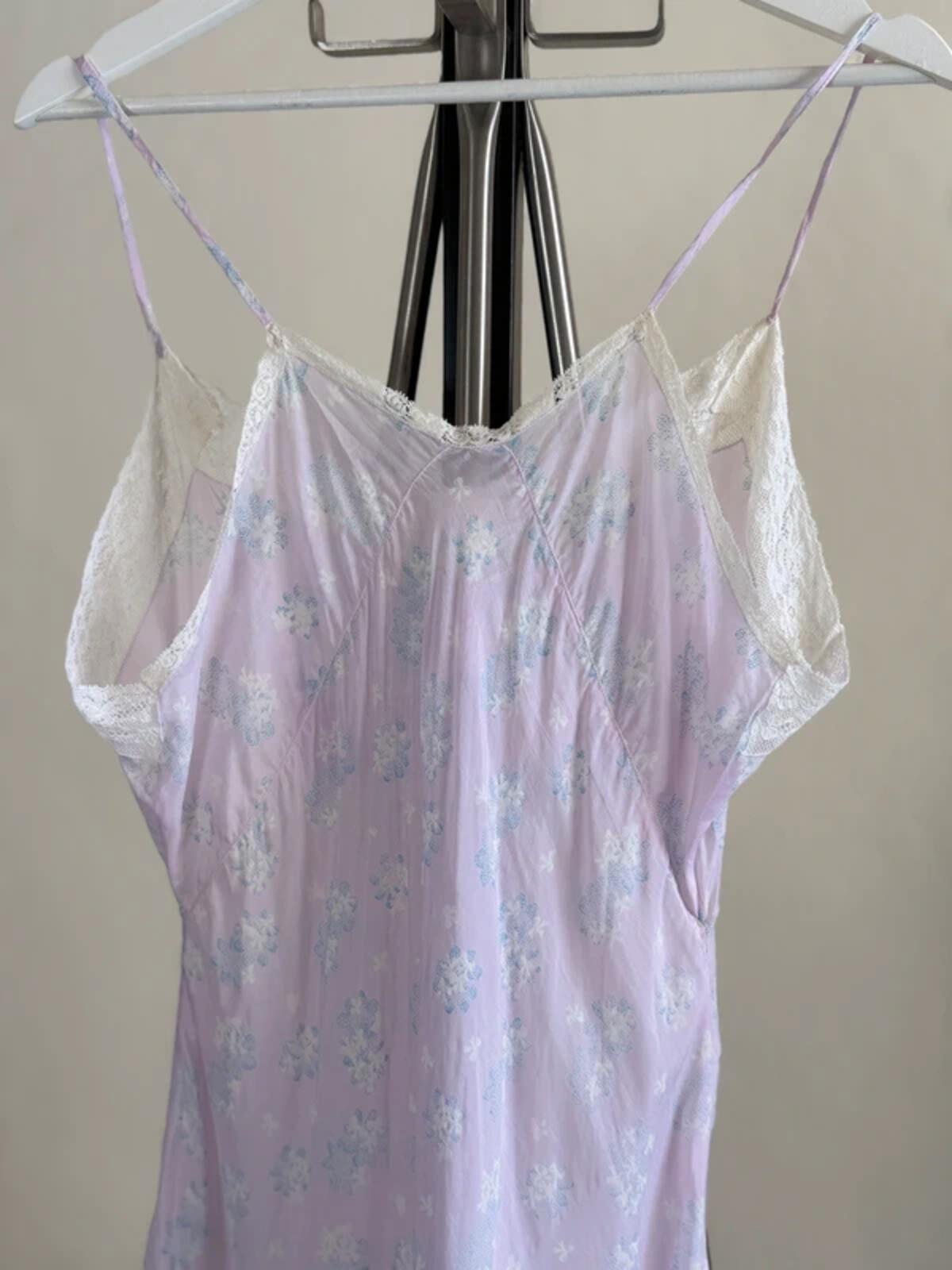 Y2K Lilac Silky Babydoll Slip Dress Floral Lace Medium