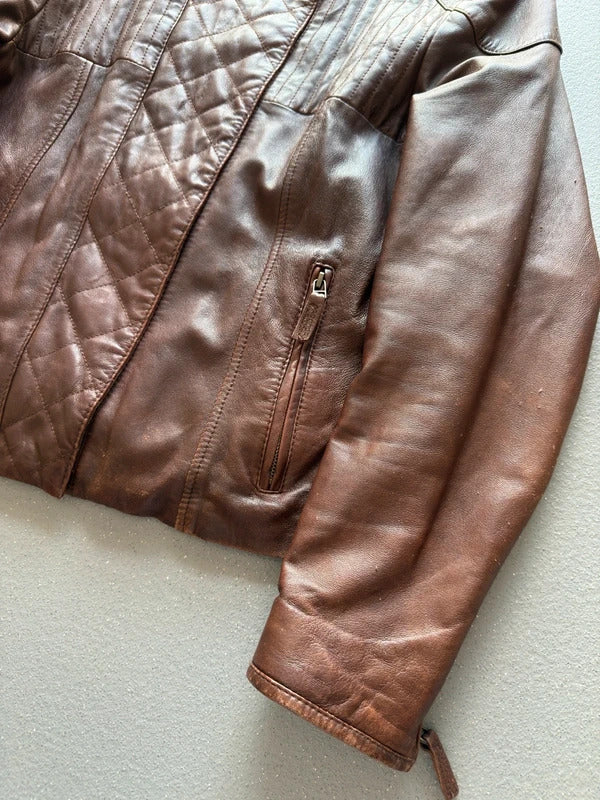 Y2K Brown Asymmetrical Leather Bomber Jacket XL Ladies