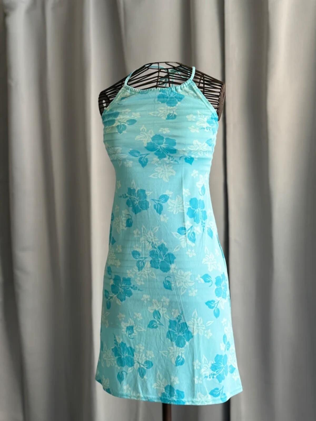 Y2K Blue Hawaiian Floral Halterneck Mini Dress Tropical Summer Beach XS