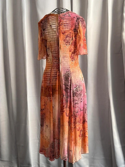 1970s Boho Floaty Gradient Mesh Dress Size 12