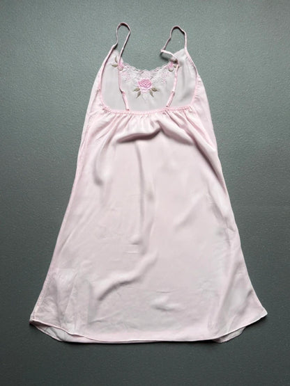 Y2K Pink Rose Embroidery Silk Slip Dress Babydoll XS