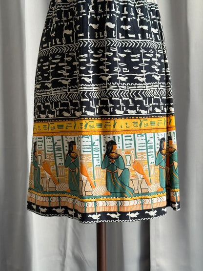1960s Janine Robin Egyptian Hieroglyphics Print Strap Dress Size 8