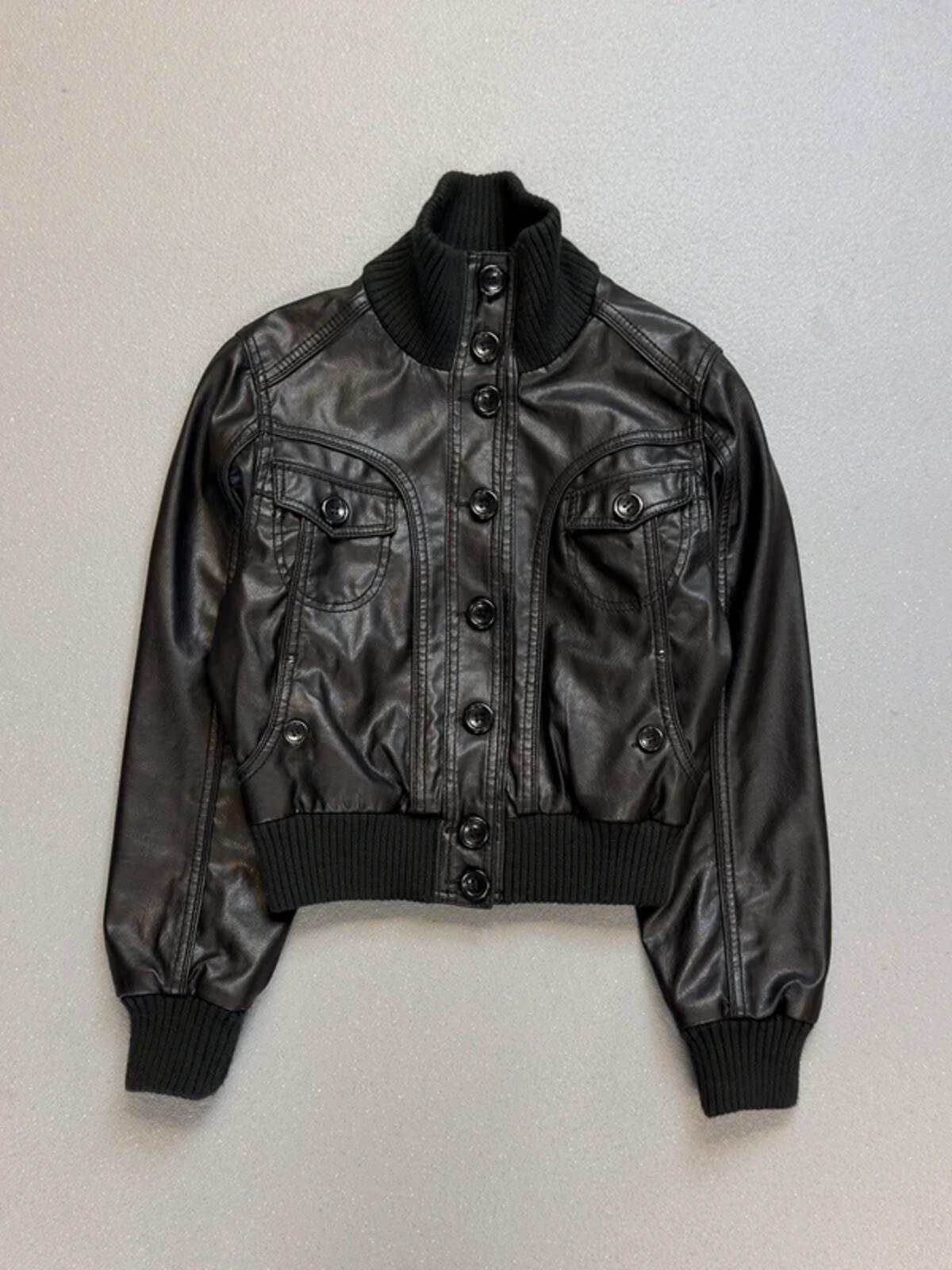 Funnel Neck Leather Jacket Medium Y2K Cropped Black
