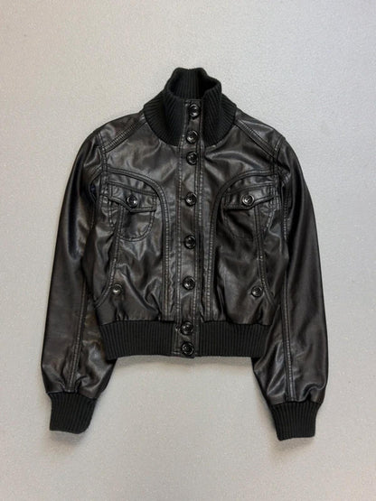 Funnel Neck Leather Jacket Medium Y2K Cropped Black