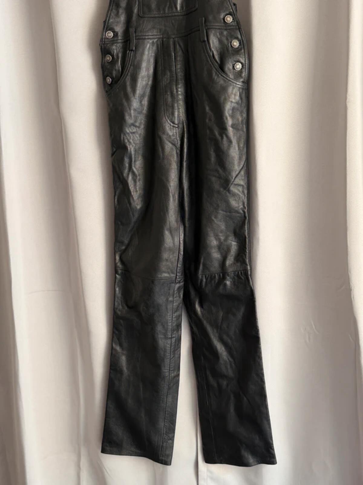 Vintage Black Leather Dungarees Biker Overalls Y2K Grunge Moto 28” Tall