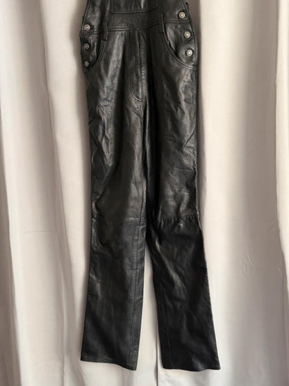 Vintage Black Leather Dungarees Biker Overalls Y2K Grunge Moto 28” Tall