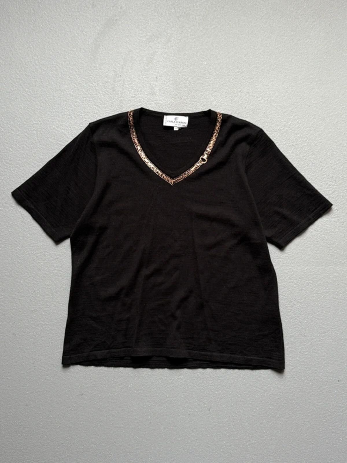 Carla Ferroni Black V-Neck Top Leopard Trim Detail Merino Wool Size XL Made in Italy