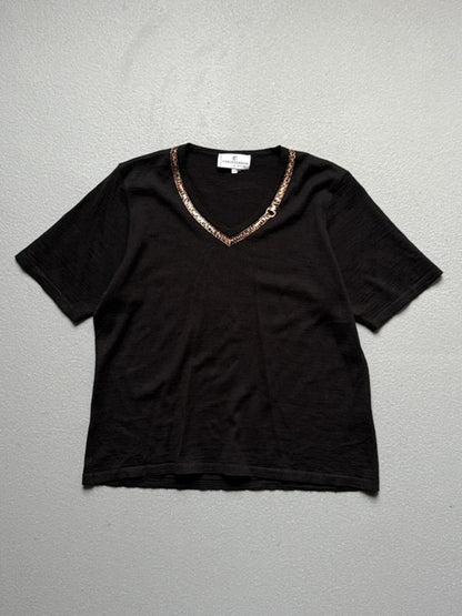 Carla Ferroni Black V-Neck Top Leopard Trim Detail Merino Wool Size XL Made in Italy