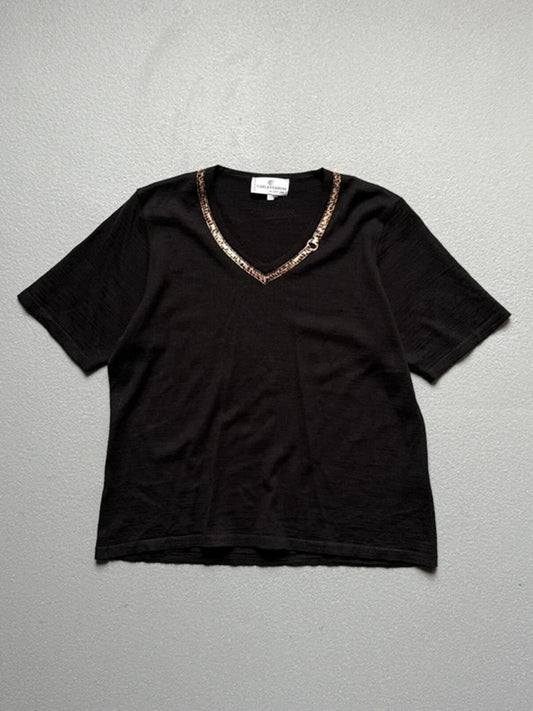 Carla Ferroni Black V-Neck Top Leopard Trim Detail Merino Wool Size XL Made in Italy