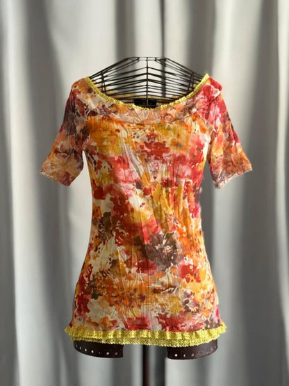 Y2K Mesh Dye Print Lace Trim Top Small 8