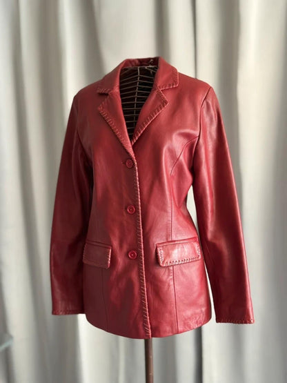 Vintage 80s Red Leather Jacket Ladies Medium Lapels