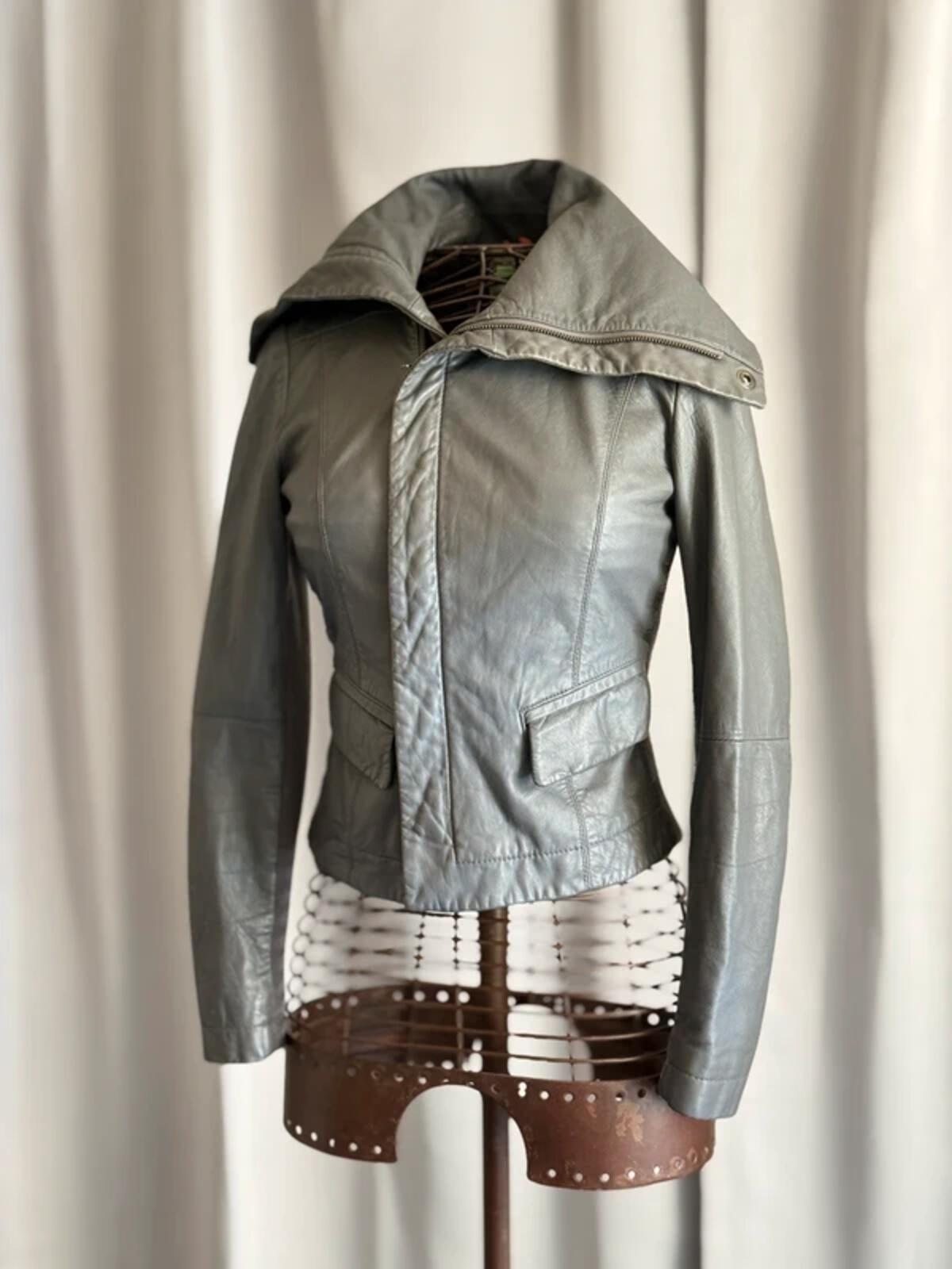 Y2K Grey Funnel Neck Leather Jacket XS Cropped