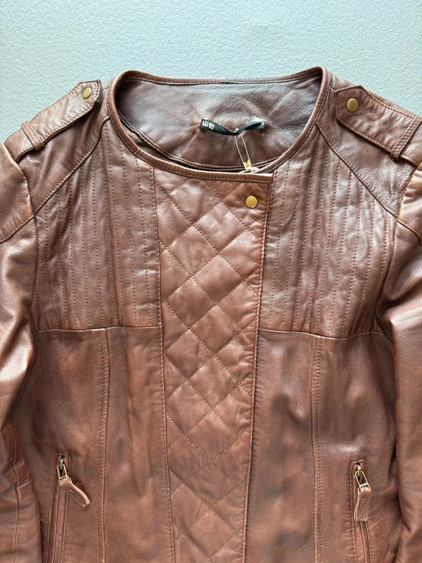 Y2K Brown Asymmetrical Leather Bomber Jacket XL Ladies