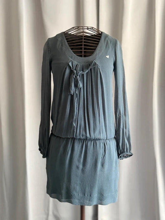 Gaudi 100% Silk Blue Grey Long Sleeve Mini Dress Tie Front Boho Casual Size 14