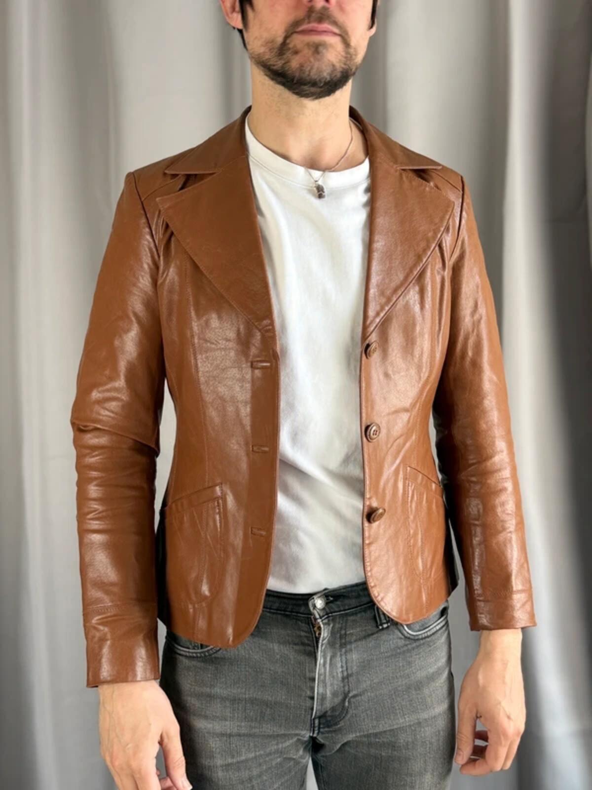 Vintage Brown Leather Blazer Jacket Large Y2K
