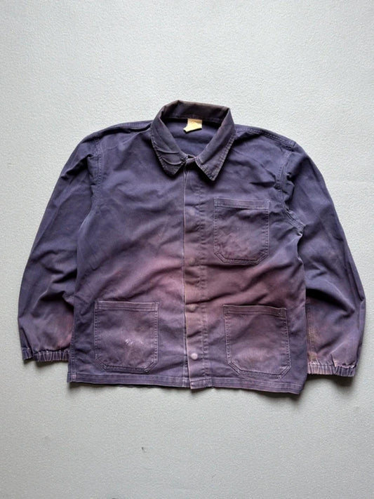 Vintage French Work Jacket Blue Purple Faded Medium