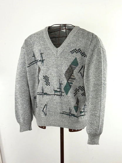 Geometric 80s V Neck Knit Jumper XL Boxy Fit