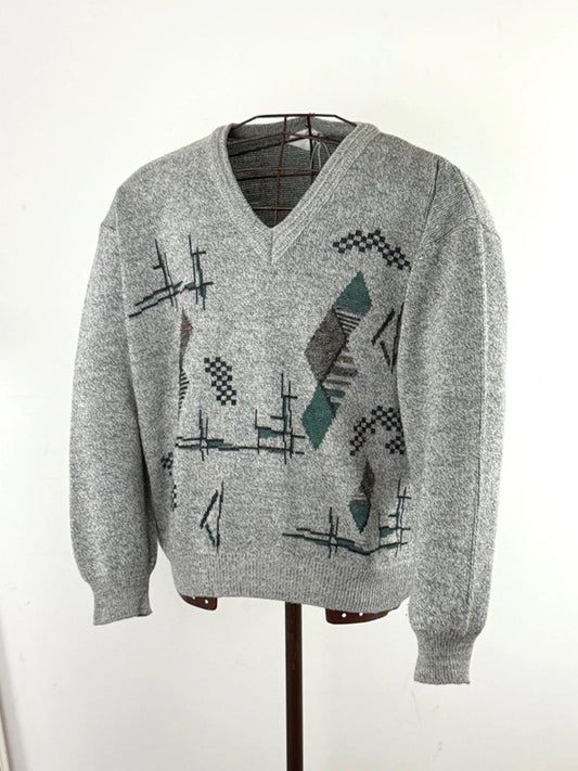Geometric 80s V Neck Knit Jumper XL Boxy Fit
