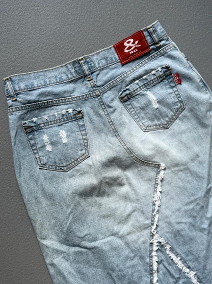 Y2K Flared Knee Length Denim Skirt Light Wash 30”
