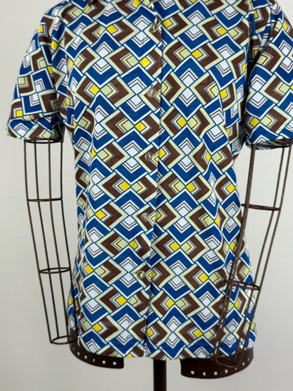 1970s Style Vintage Poly Mosaic Pattern Shirt Large