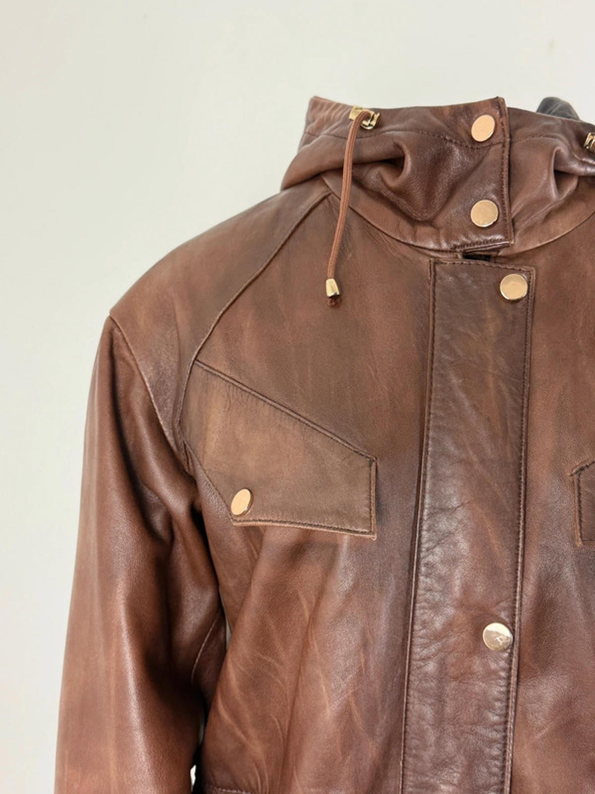 Derimod Hooded Brown Leather Jacket Large