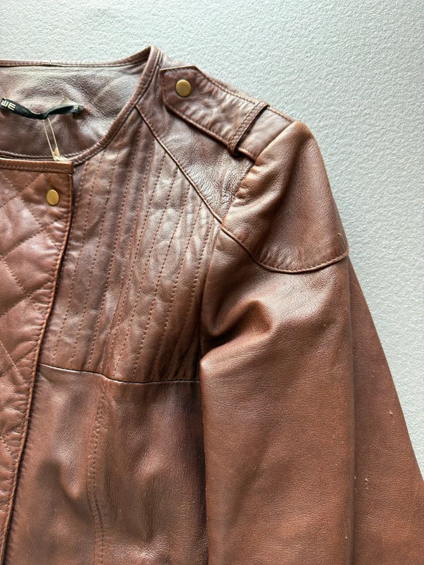 Y2K Brown Asymmetrical Leather Bomber Jacket XL Ladies