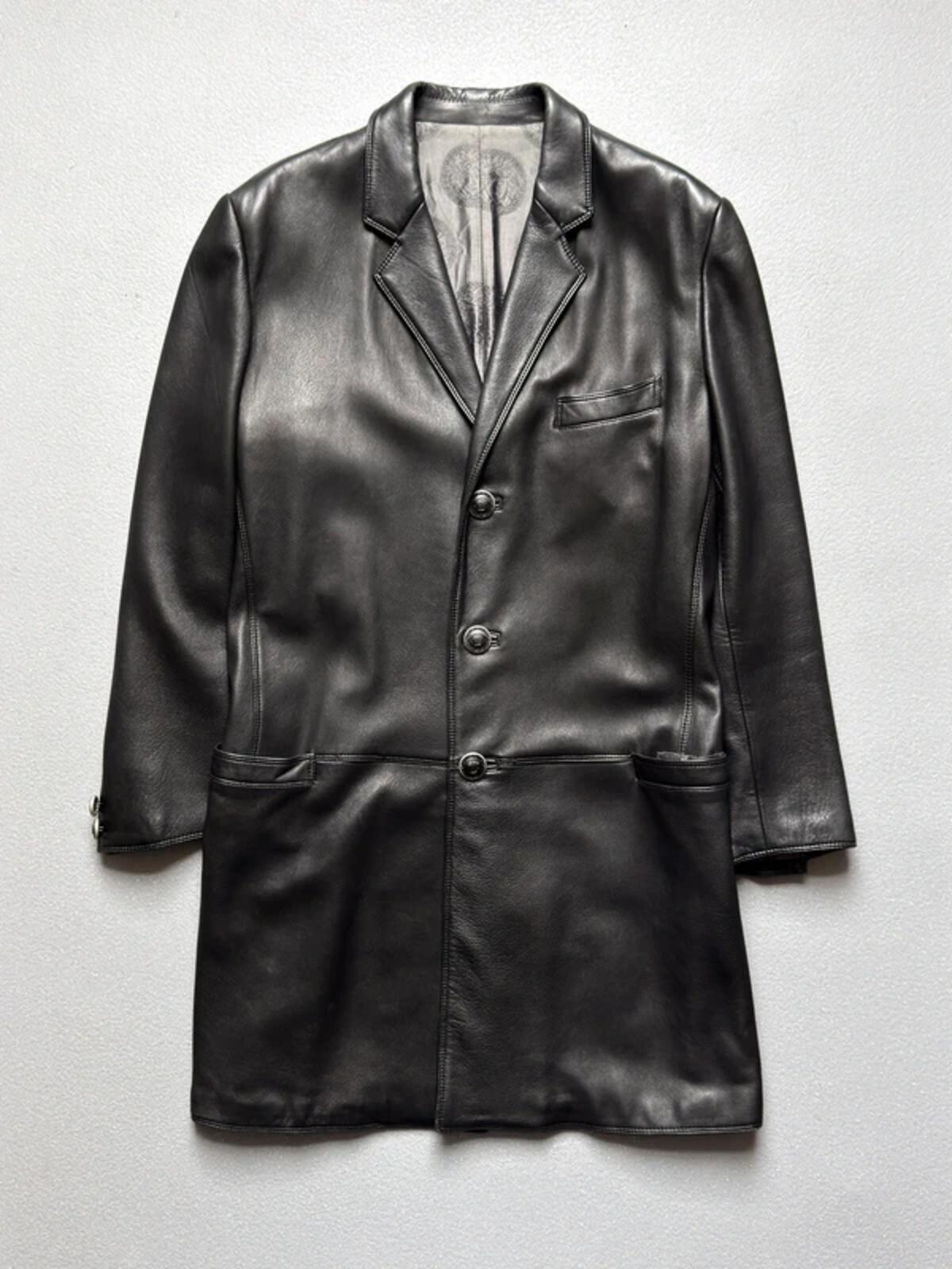 Gianni Versace 90s Vintage Black Leather Long Coat Medium Mens