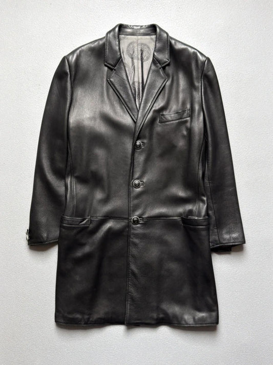Gianni Versace 90s Vintage Black Leather Long Coat Medium Mens