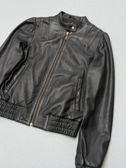 Mexx Y2K Lamb Leather Bomber Jacket Size 16 Black