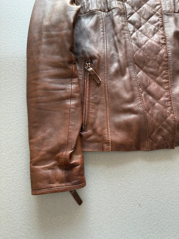 Y2K Brown Asymmetrical Leather Bomber Jacket XL Ladies