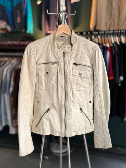 Y2K Cream Leather Bomber Biker Jacket Large