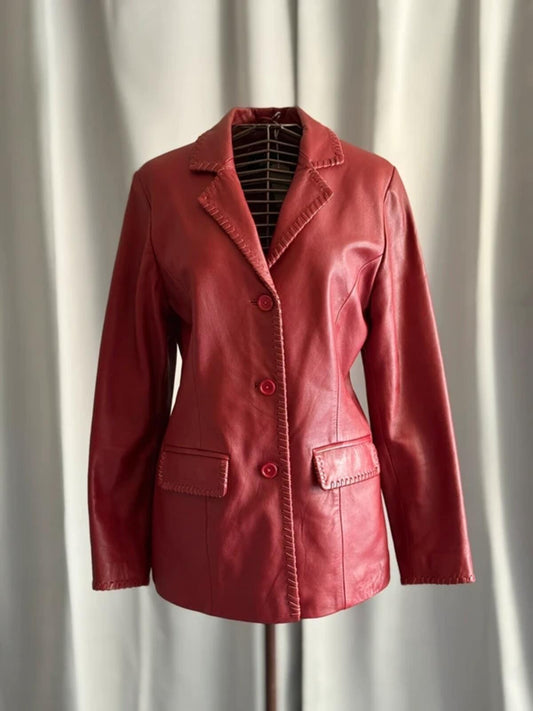 Vintage 80s Red Leather Jacket Ladies Medium Lapels