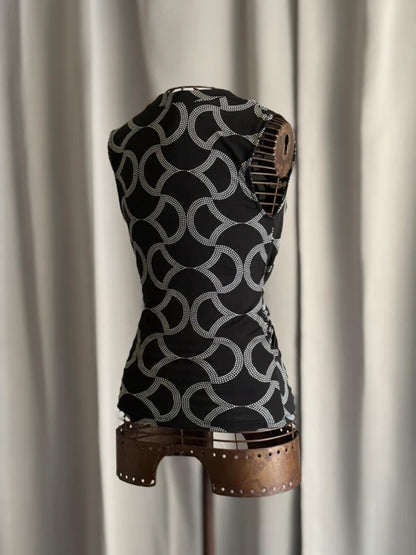 Y2K Black White Geometric Sleeveless Top Ring Detail Stretch Large