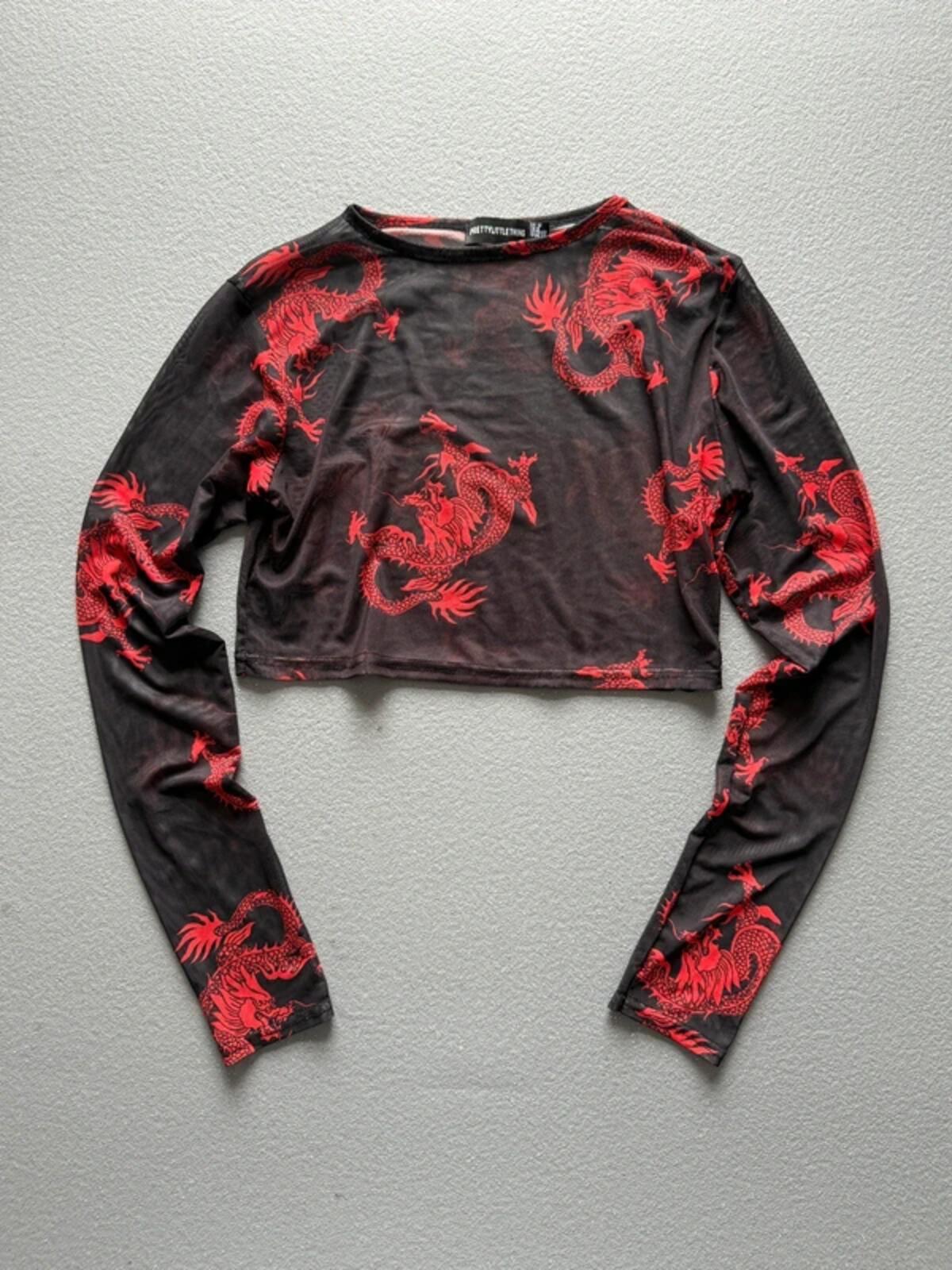 Mesh Dragon Print Crop Top Long Sleeve Size 12