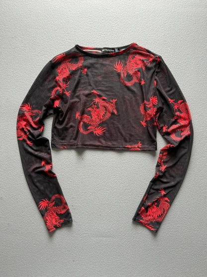 Mesh Dragon Print Crop Top Long Sleeve Size 12