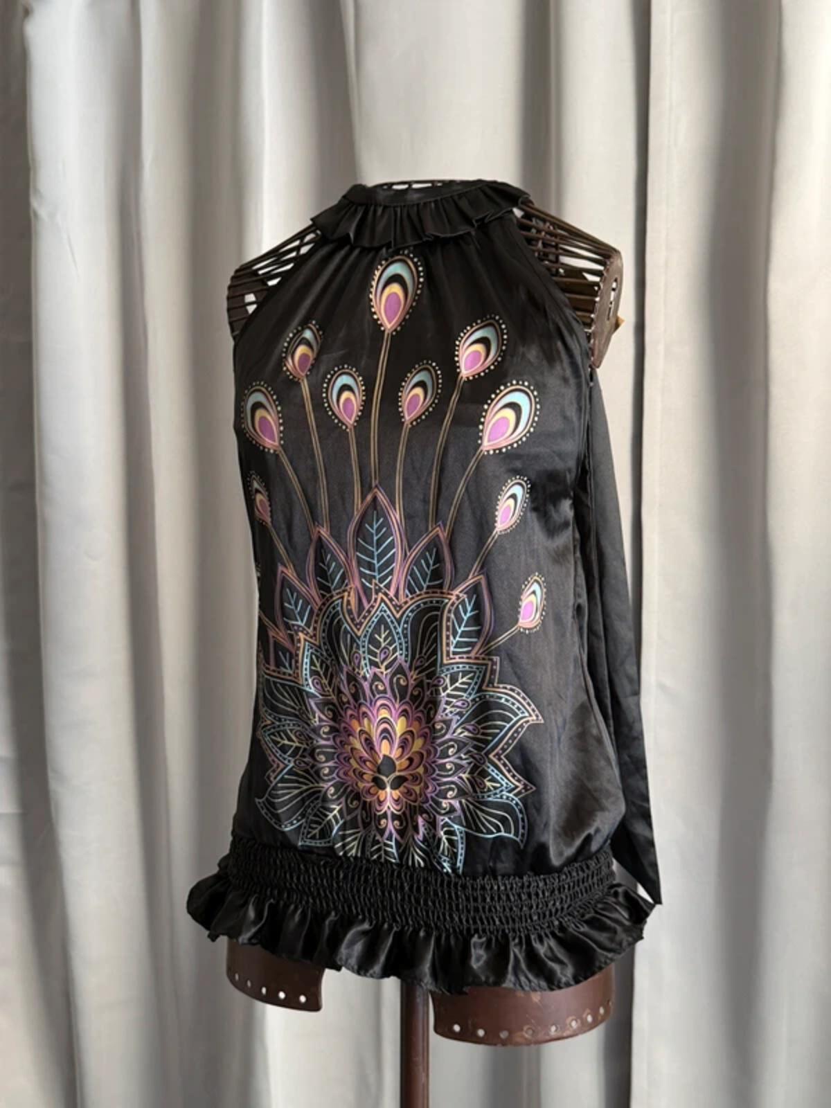 Y2K Halterneck Sleeveless Top Peacock Mandala Print Size 12