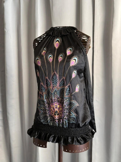 Y2K Halterneck Sleeveless Top Peacock Mandala Print Size 12