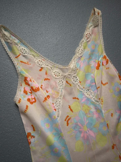 Y2K Lace Trim Pastel Pattern Slip Dress Small