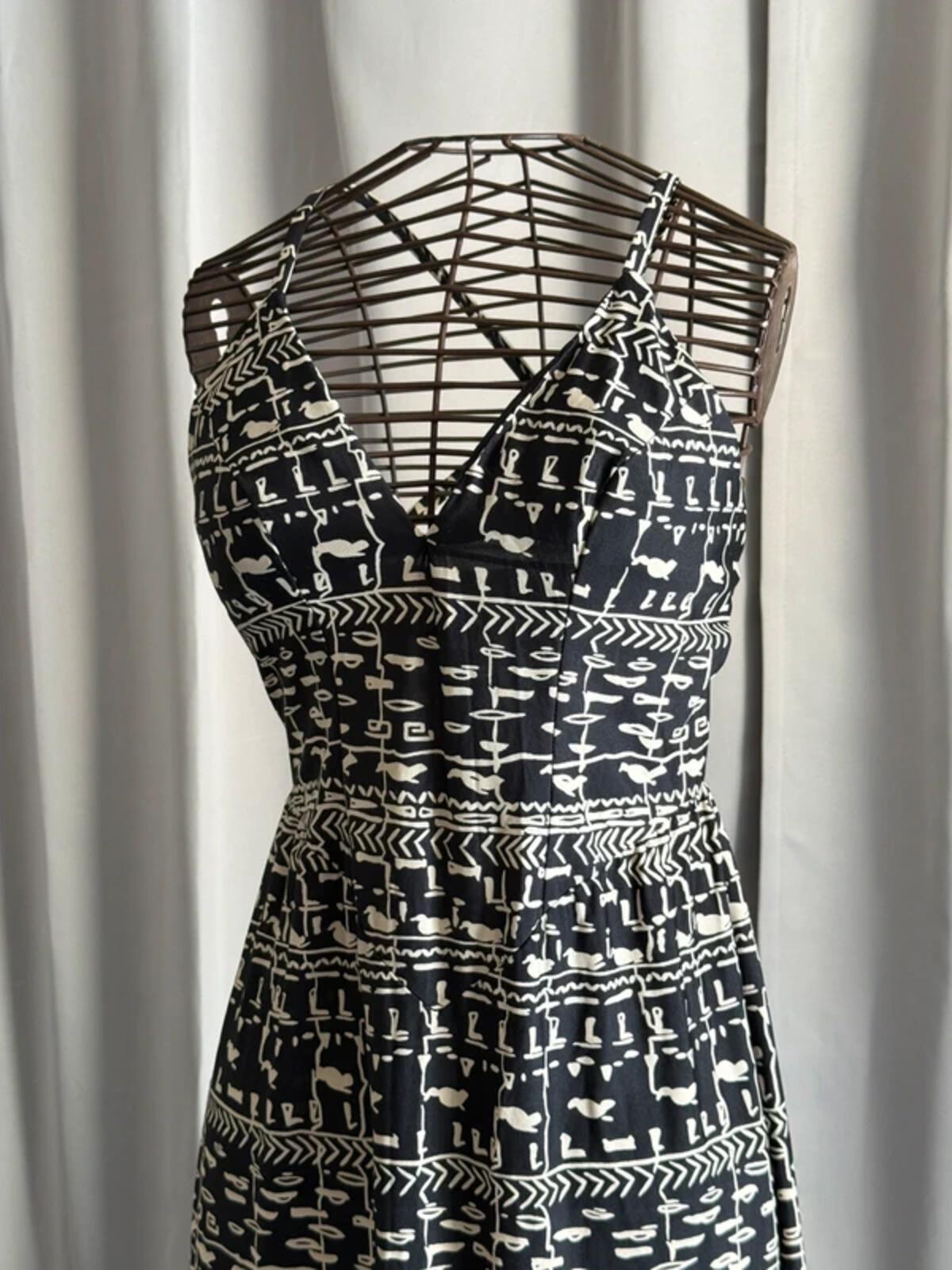 1960s Janine Robin Egyptian Hieroglyphics Print Strap Dress Size 8