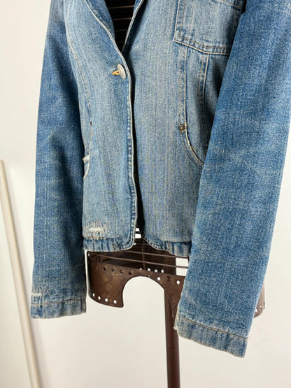 Y2K Denim Blazer Jacket Large Leopard Print