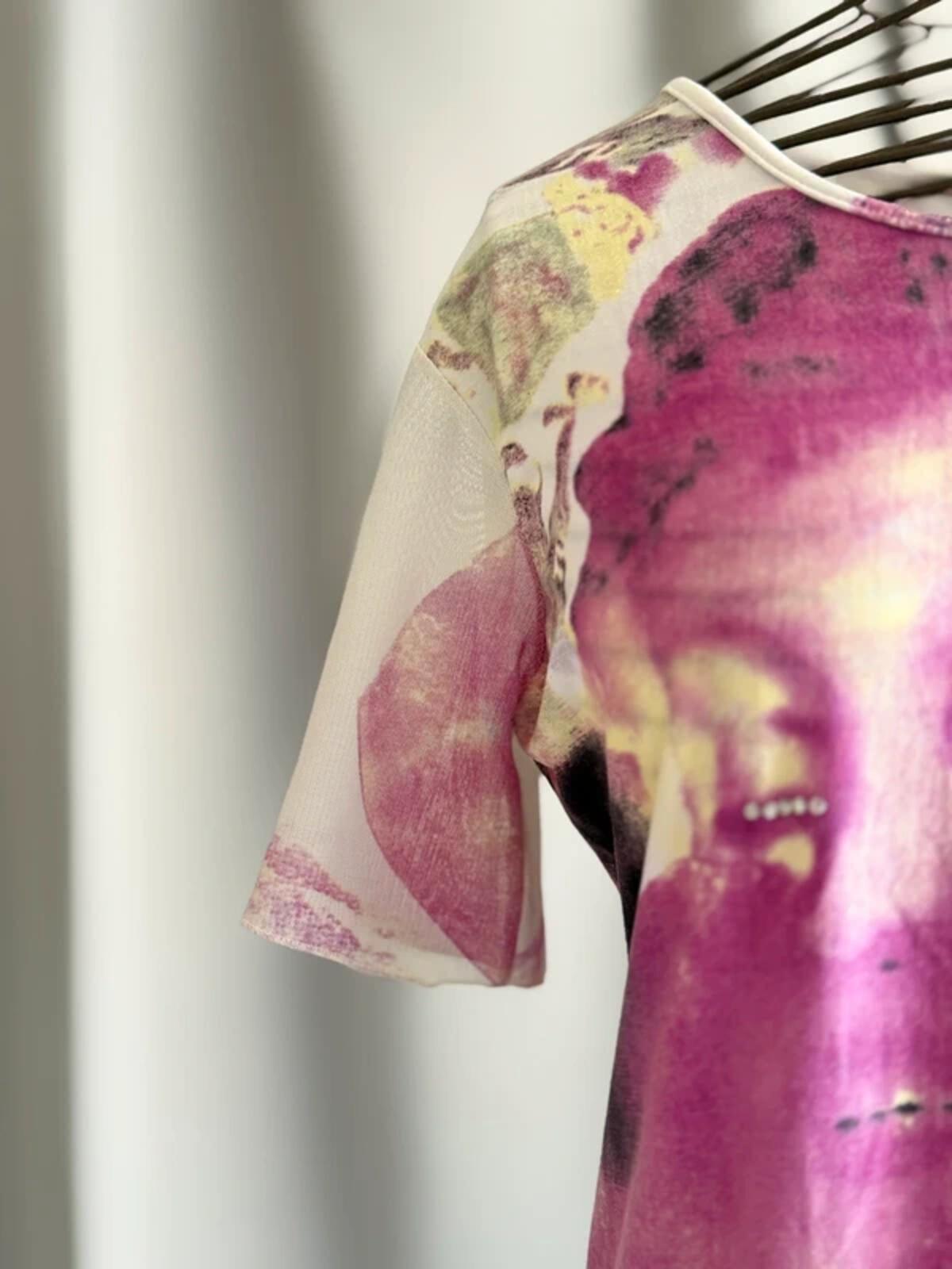 Y2K Abstract Face Print Top Pink Graphic Tee Embellished Festival Indie Large