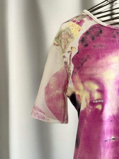 Y2K Abstract Face Print Top Pink Graphic Tee Embellished Festival Indie Large