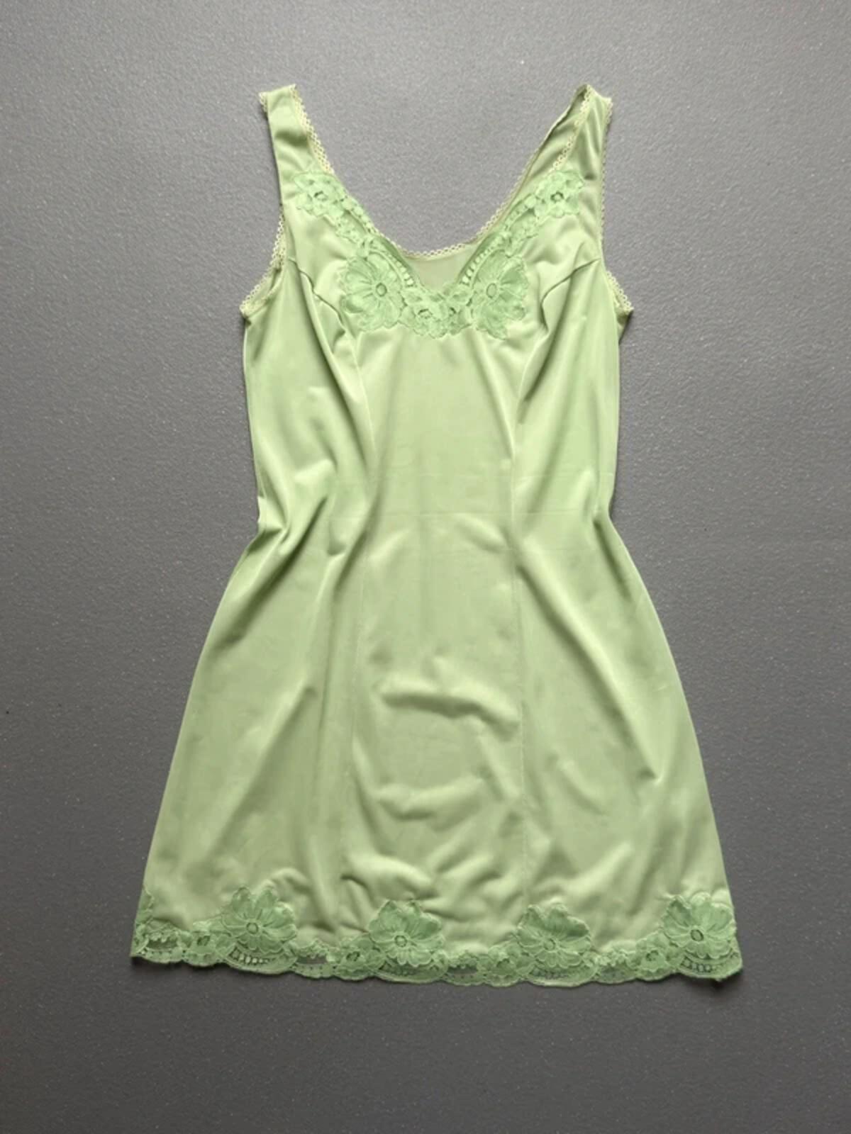 Y2K Vintage Lace Trim Lime Green Slip Dress S/M