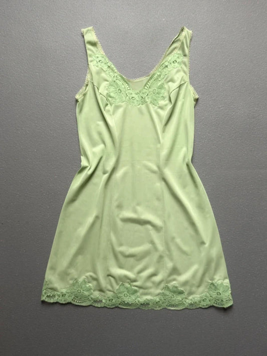Y2K Vintage Lace Trim Lime Green Slip Dress S/M