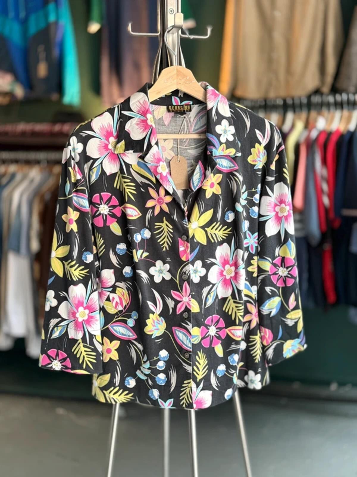 Vintage 80s Floral 3/4 Sleeve Blouse Shirt Large Ladies