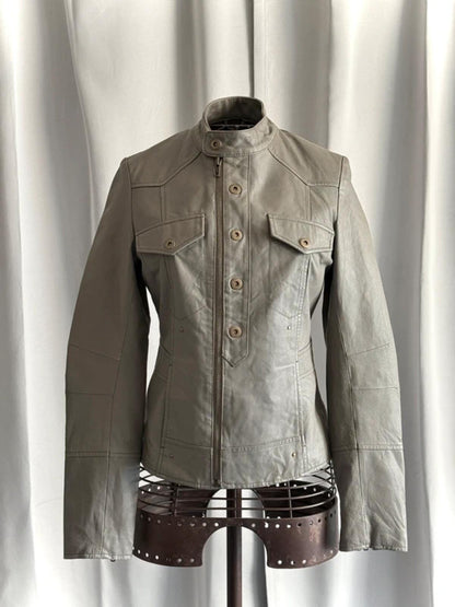 2000s Grey Leather Biker Jacket Size 8