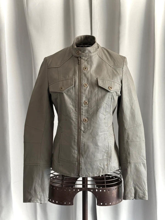 2000s Grey Leather Biker Jacket Size 8